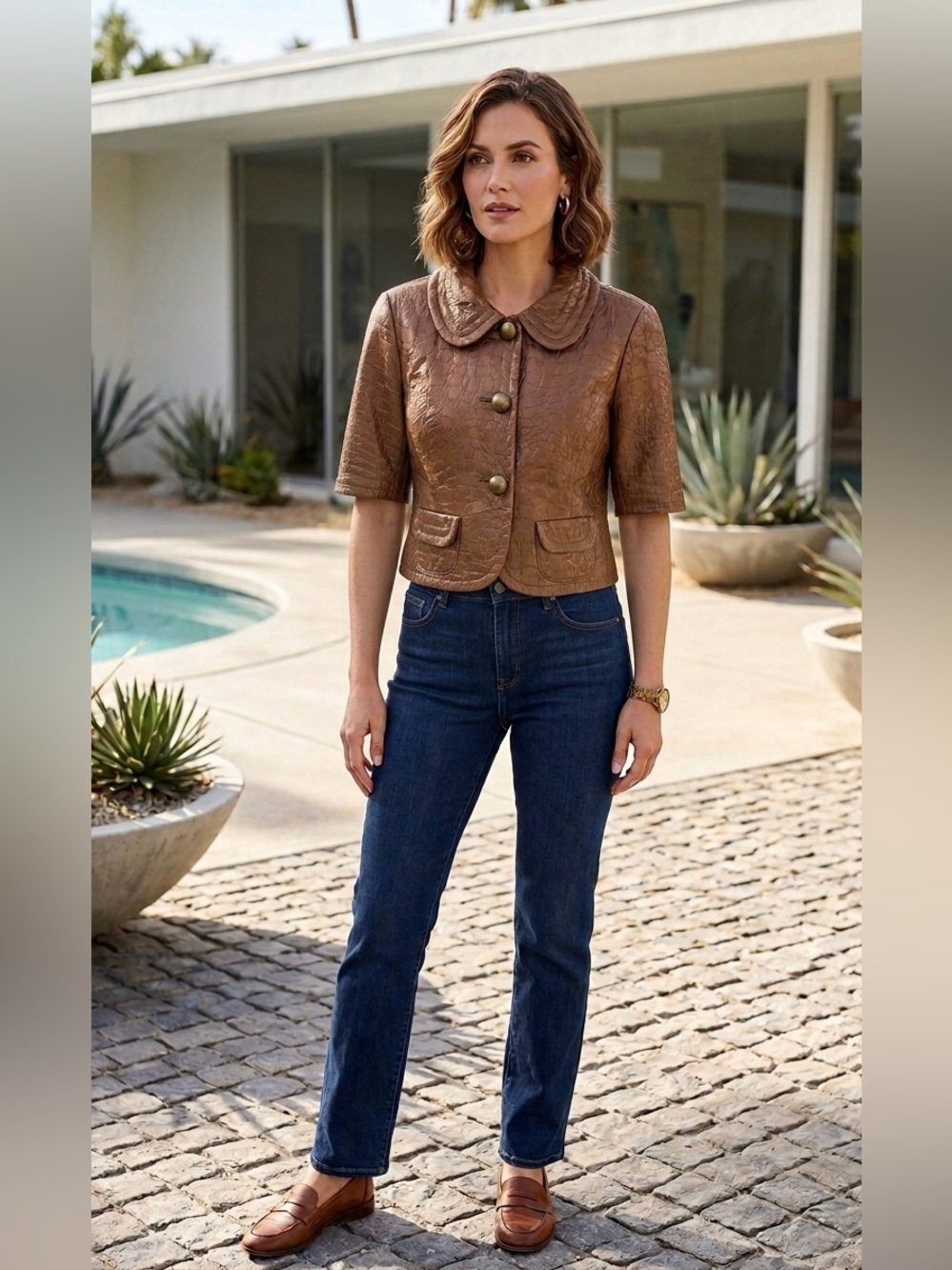 Trina Turk faux Croc Embossed Cropped Jacket Bronze Brown 1/2 Sleeve size 6